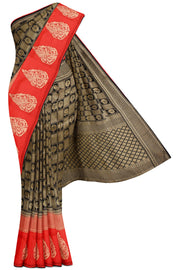 Black Banaras Dola Silk Saree - 5K to 10K, Banaras Dola Silk, Black, Checks, Contrast - Kanchi 